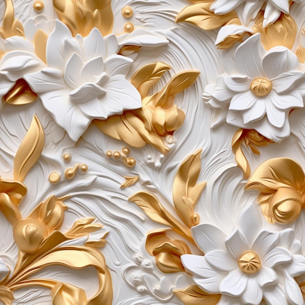 A wallpaper with gold flowers and beads.