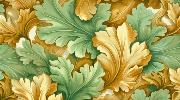 A wallpaper with a green and gold leaf pattern