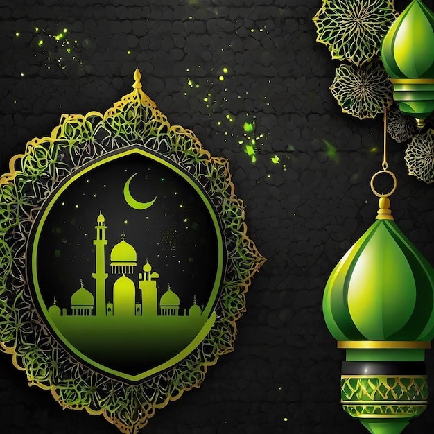 a wallpaper with a green mosque and a black background with a mosque on the top