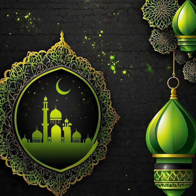 Photo a wallpaper with a green mosque and a black background with a mosque on the top