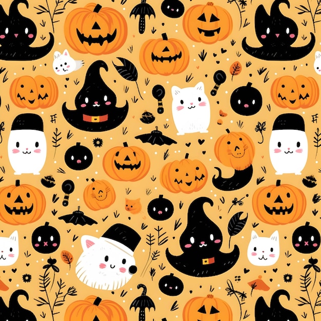 a wallpaper with halloween pumpkins and a cat on it.