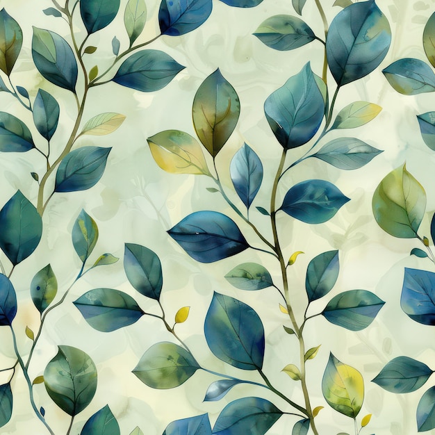 a wallpaper with leaves and branches with blue and green leaves