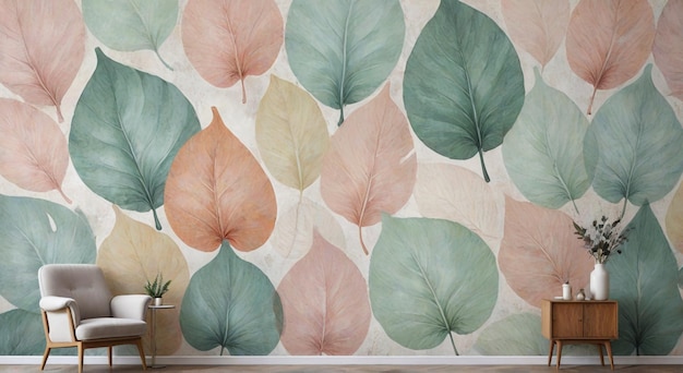 a wallpaper with leaves and a vase with a plant in it