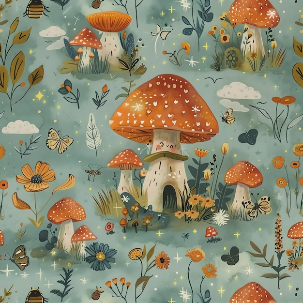 a wallpaper with mushrooms and butterflies and a mushroom