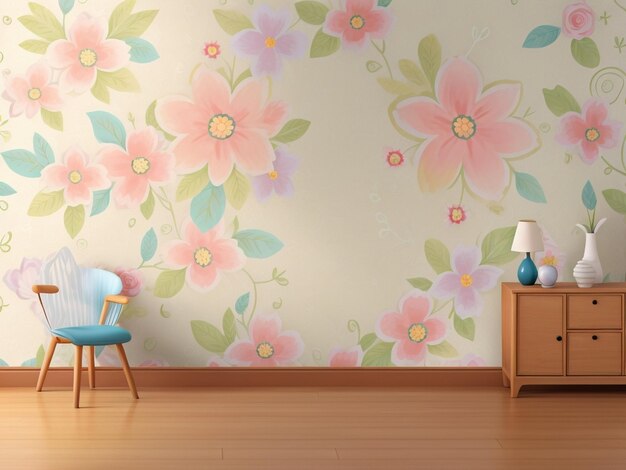 Photo a wallpaper with pink flowers and a blue chair in a living room