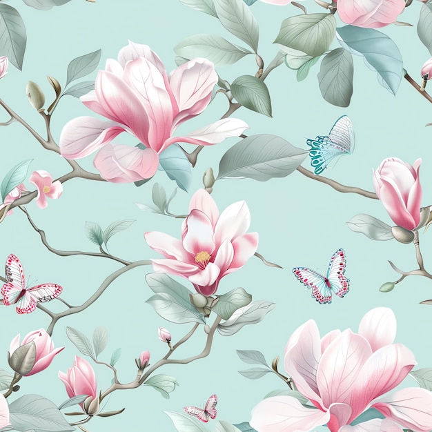 Photo a wallpaper with pink flowers and butterflies