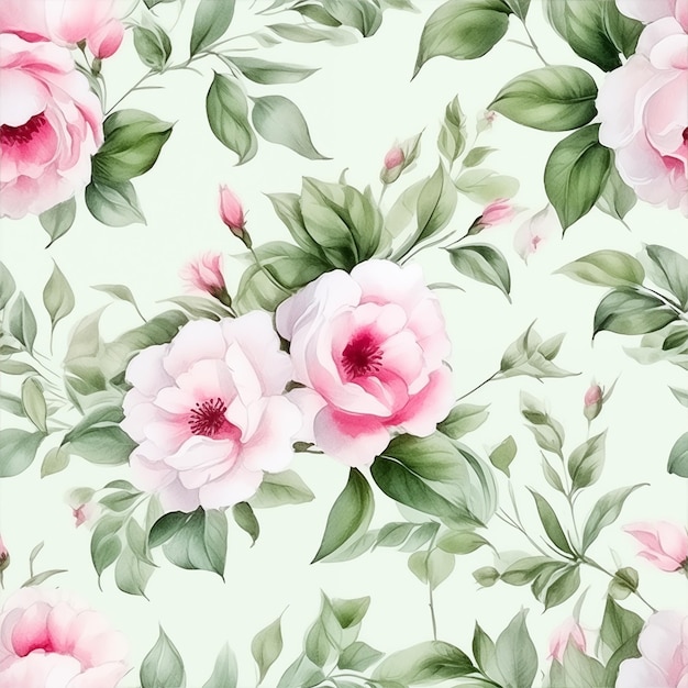 Photo a wallpaper with pink roses and green leaves