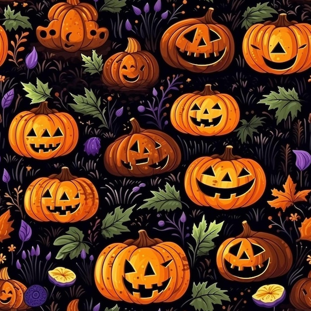 A wallpaper with pumpkins and flowers.