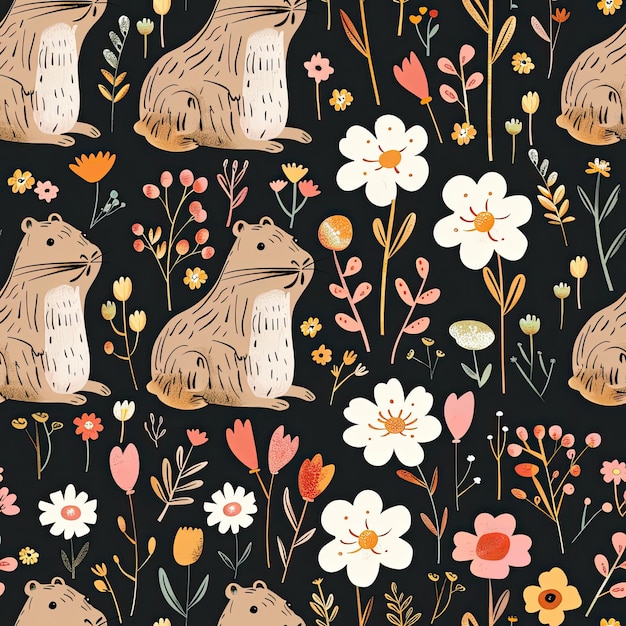 a wallpaper with a rabbit and flowers and a rabbit