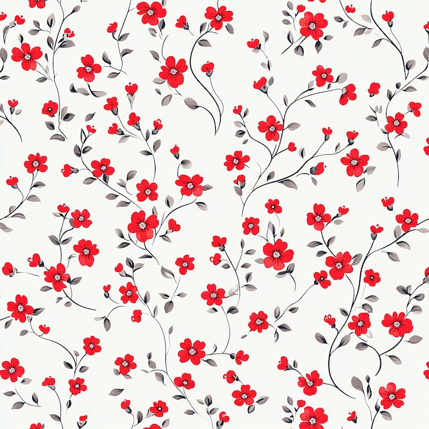 a wallpaper with red flowers and leaves and a white background