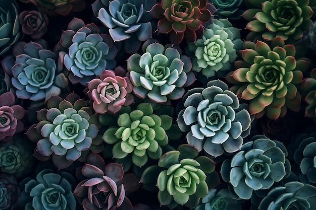 Wallpaper with succulent plants Top view of many different succulents Generative AI