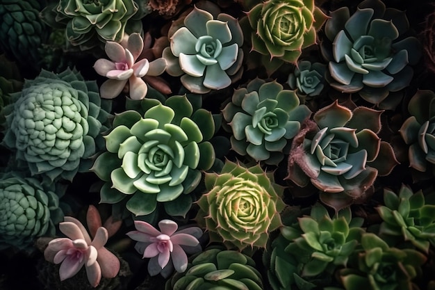 Wallpaper with succulent plants Top view of many different succulents Generative AI