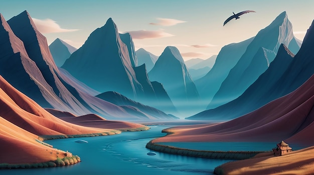 A wallpaper with a surreal abstract landscape of mountains and rivers