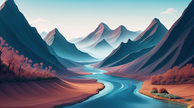 A wallpaper with a surreal abstract landscape of mountains and rivers