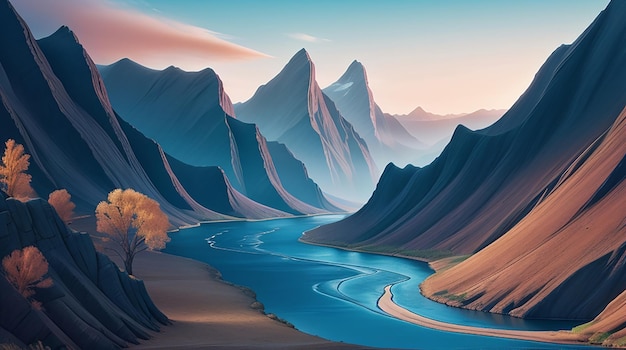 A wallpaper with a surreal abstract landscape of mountains and rivers