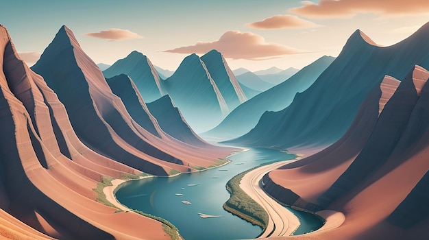 A wallpaper with a surreal abstract landscape of mountains and rivers