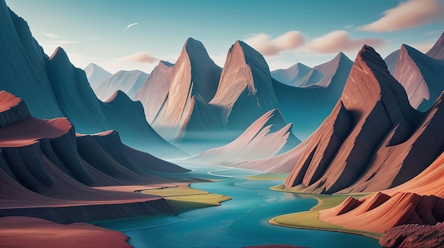 A wallpaper with a surreal abstract landscape of mountains and rivers