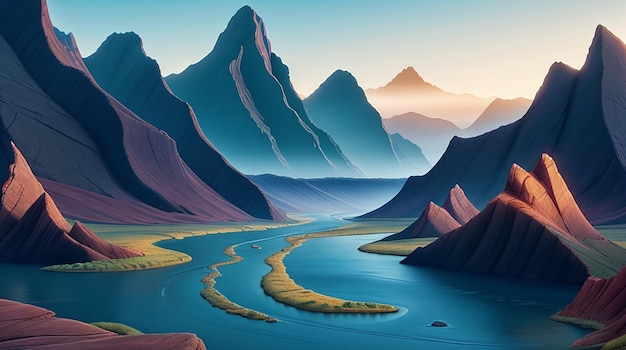 A wallpaper with a surreal abstract landscape of mountains and rivers