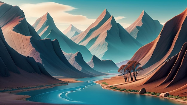 A wallpaper with a surreal abstract landscape of mountains and rivers