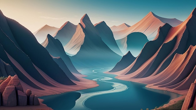 A wallpaper with a surreal abstract landscape of mountains and rivers