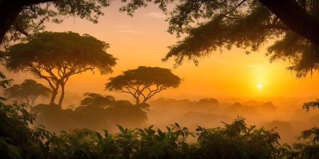 Wallpaper with a tropical landscape at sunset Jungle with palms trees and other wild plants Sky with clouds and setting sun Rainforest illustration Background with pristine nature