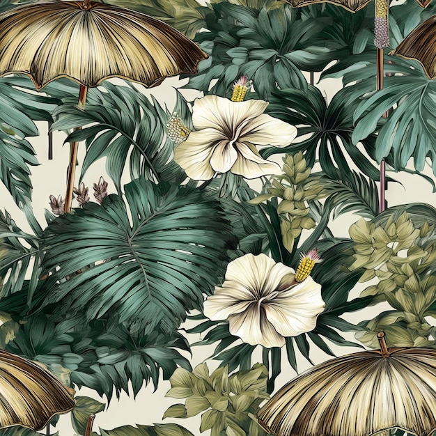 A wallpaper with a tropical pattern and a yellow umbrella.