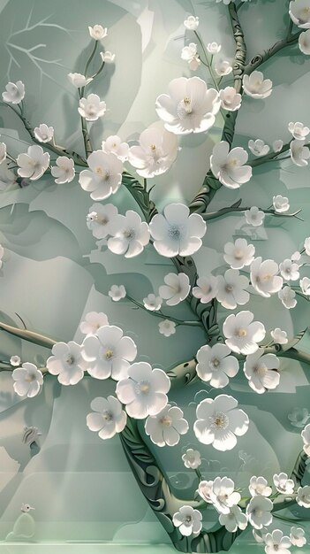 Photo a wallpaper with white flowers and green leaves