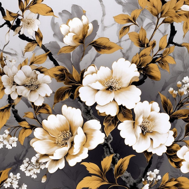 A wallpaper with white flowers and leaves on it