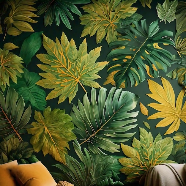 a wallpaper with a woman laying on a bed and a palm leaf