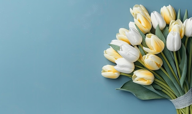 Wallpaper with yellow tulips Flower on blue background For banner postcard book illustration products display presentation Created with generative AI tools