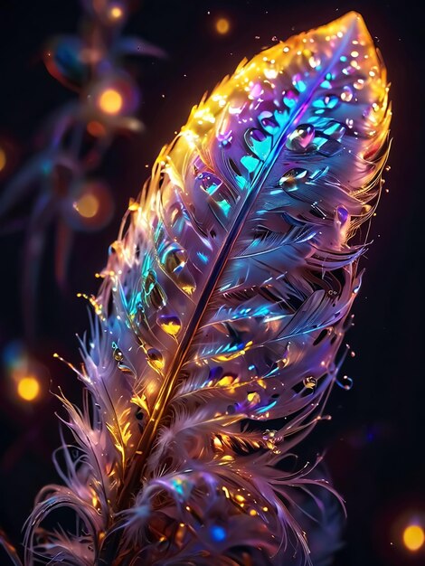 Photo a wallpapper from a glowing peacock feather with water drops on it on a black background