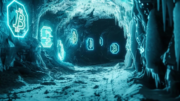 The walls of a frozen cave illuminated by the neon glow of cryptocurrency symbols