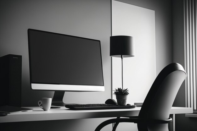 Walls in the office are gray A computer monitor is shown up close while resting on a white table a mock up of a black office chair is present