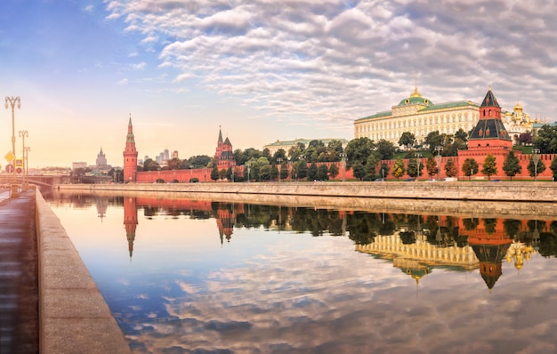 Walls and towers of the Moscow Kremlin with mirror reflection