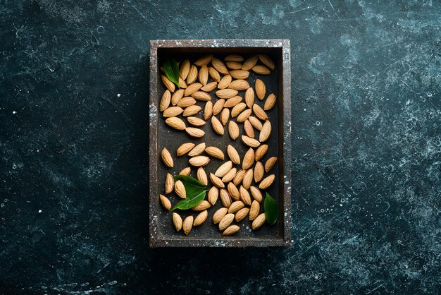 Walnut almonds in the shell Nuts on a black stone background Top view Free space for your text