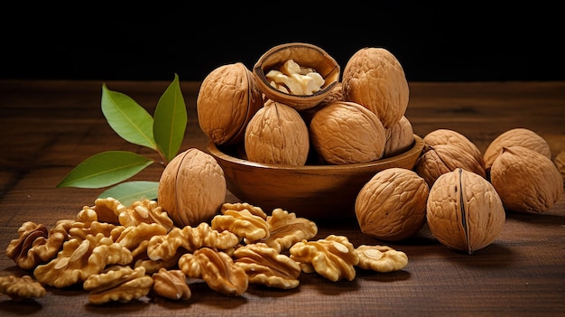 Walnut Kernels and Whole Walnuts on Wood