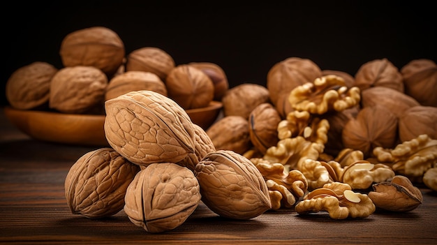 Walnut Kernels and Whole Walnuts on Wood