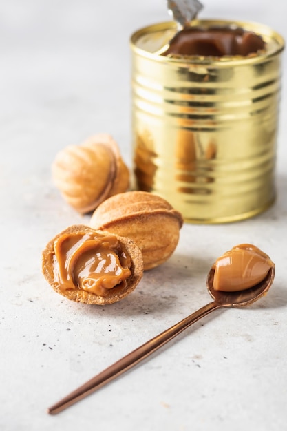 Walnut shaped christmas cookies oreshki with condenced milk