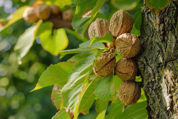 Photo walnut tree branch with green leaves in an orchard bearing ripe walnuts