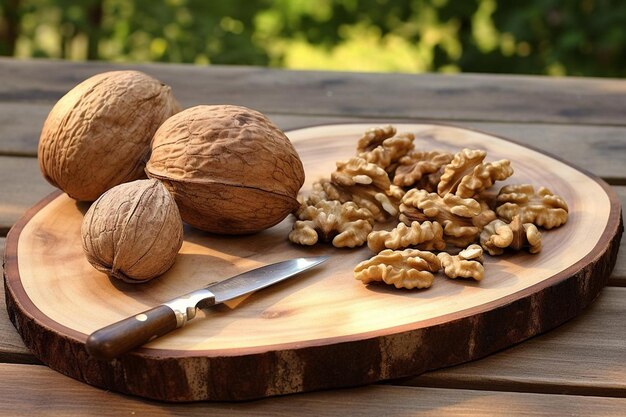 Photo walnut on a wooden chopping board