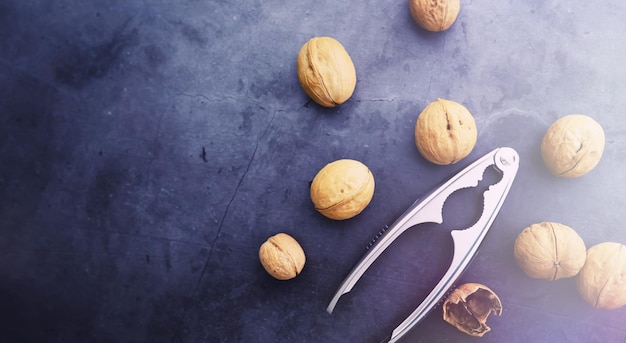 Walnuts in a shell on a gray background Nutcracker and scattering of nuts