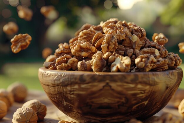 Photo walnuts and walnut kernels in wooden bowl