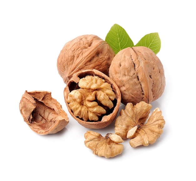 Walnuts with leaves isolated.