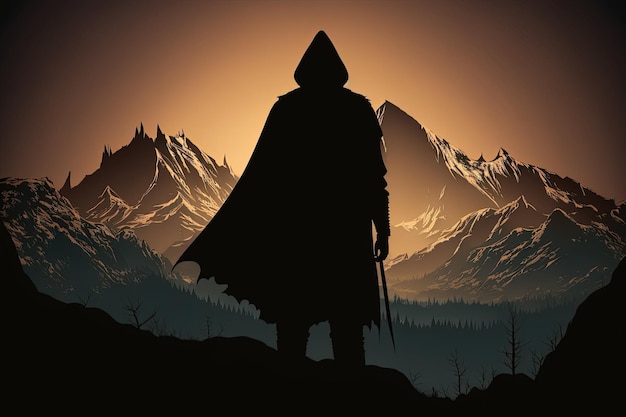 Wanderer in the mountains Silhouette of a warrior with a cape mountain peaks rocks path goal back view wallpaper warm colors willpower conquer heights haste courageousLegend concept AI