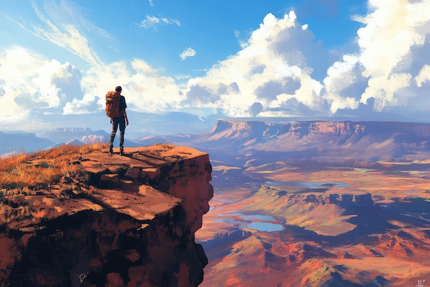 Photo a wanderer stands at the cliffs edge gazing at an expansive desert landscape beneath a brilliant sky