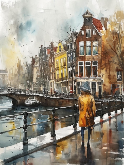 Wanderlust Amsterdam Traveler Tourist in the Style of Watercolor