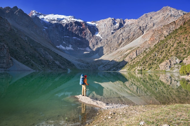 Wanderlust time. Man hiking in beautiful Fann mountains in Pamir, Tajikistan. Central Asia.