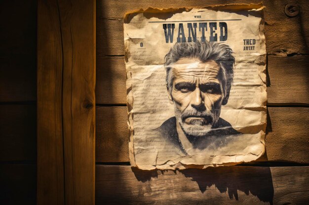 Wanted outlaw poster crinkled paper pinned to a weathered wooden wall