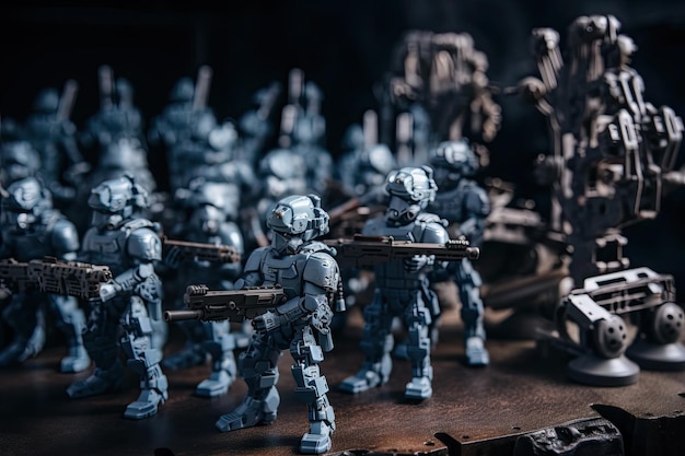 War Concept Military silhouettes fighting scene Toy soldiers background Selective focus Robot army formation with tactical gears AI Generated