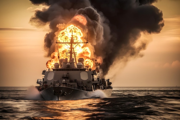 War concept Night battle scene at sea warship on fire Neural network AI generated